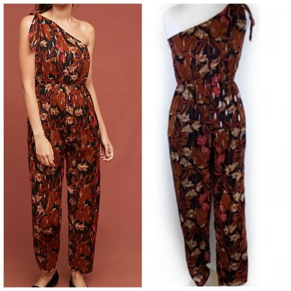 Maeve Anthropologie Kyoto One Shoulder Jumpsuit Boho Floral Metallic Romper